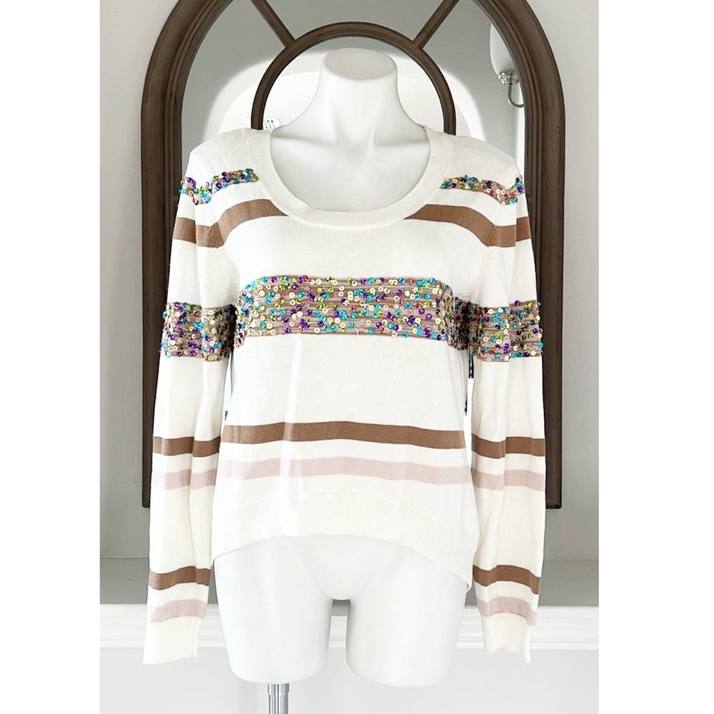 Willi Smith Hi-Low Crewneck Striped Sweater w/Sequin Detail Size L EXCELLENT!